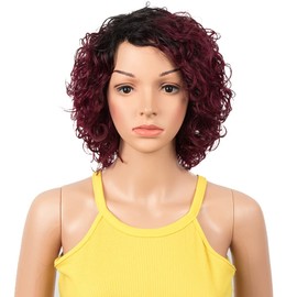 DÉBUT Short Bob Wig with Air Bangs Short Curly Wavy Real Hair Bob Wig for Women 25 cm 120 g 130% Density (25 cm, Ombre Red)