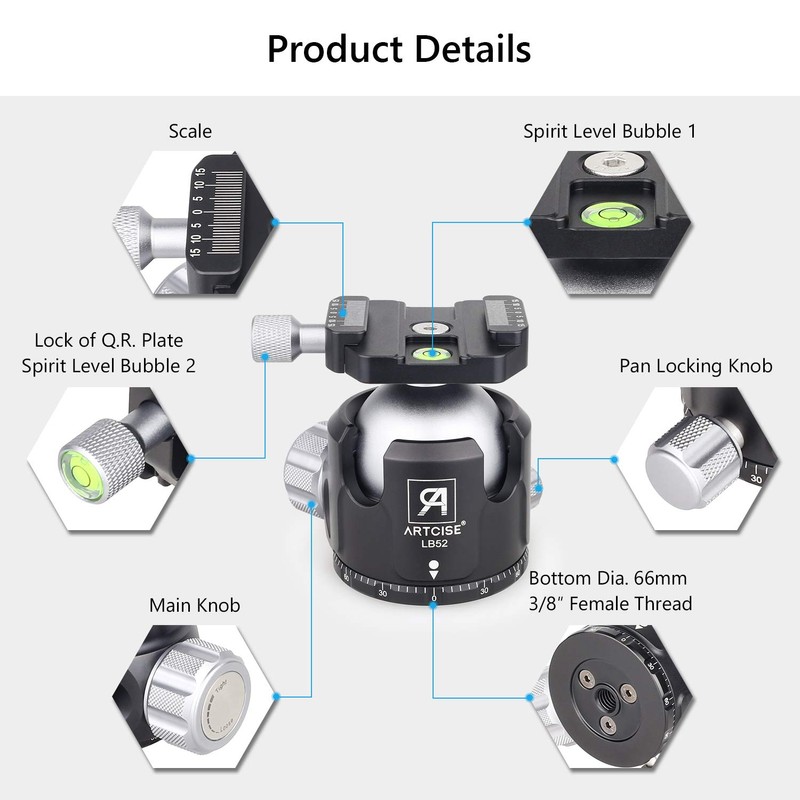 52mm Low Profile Ball Head Tripod Mount Ball Head ARTCISE