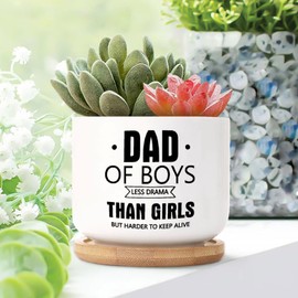DecStic Dad of Boys Less Drama Than Girls Planters Ceramic Bible Verse Round Flower Pot with Drainage Holes and Bamboo Tray Pot for Outdoor Garden Home Plant