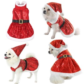 Yoption Christmas Mrs. Claus Sequin Dog Dress and Hat Set, Christmas Party Dog Cat Costumes, Funny Puppy Xmas Party Cosplay Outfits (Red, L)