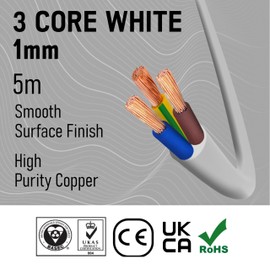 Primes DIY 3 Core Round White Flex Flexible Cable, stranded electrical copper wire, Insulated Flexible PVC Wire, Stranded Wire High Temperature Resistance, 3182Y BASEC Approved 1mm(5 Meter)