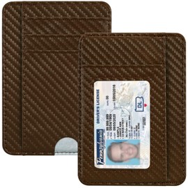 HOTCOOL Slim Wallet for Men, Minimalist Front Pocket Simple Leather Credit Card Holder RFID Blocking for Men & Women, Thin Organizer Gifts, Carbon Fiber - Brown, A Fiber Brown, Small Wallet