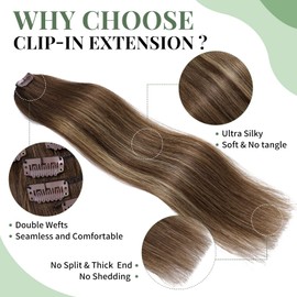 Clip in Hair Extensions Tess Real Human Hair Clip In Hair Extensions for Women, Natural Straight Clip In Extension 7 PCS 16 Clips, Chocolate Brown mixed Honey Brown with Chocolate Brown Roots 16 Inch
