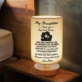 Mom to Daughter Gifts - Engraved Table Lamp, Bedside Nightstand Lamp, Fabric Wooden Desk Lamp for Bedroom Living Room Office Study - Best Anniversary Birthday Gift (A-for Daughter from Mom)