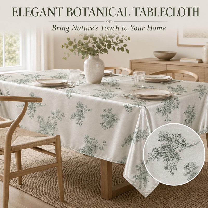 Botanical Floral Polyester Tablecloth Vintage Green Leaf Design