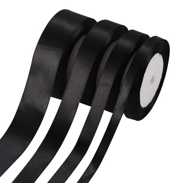 Weirui 4 Rolls Black Fabric Ribbons Solid Color Satin Ribbon Glossy Gift Ribbon Wrapping Ribbon for DIY Crafts Wedding Party Floral Arrangement Hair Braids Hair Clip Decorations