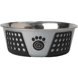 PetRageous 13098 Fiji Stainless Steel Non-Slip Dishwasher Safe Dog Bowl 3.75-Cup Capacity 6.75-inch Diameter 2.5-inch Tall for Medium and Large Dogs, Light Gray and Black