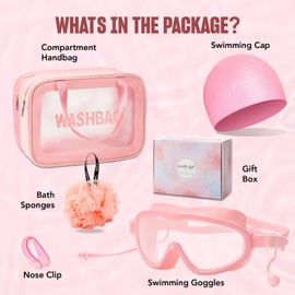 Swimming Goggles Set 5 in 1, Swim Goggles Case with Swimming Goggles, Swimming Cap, Nose Clip, Dry & Wet Separation Handbag and Bath Sponge for Men and Women, Best Summer Swimming Gift (Pink)