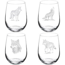 MIP Set of 4 Wine Glass Gift Goblet Wolf Collection (17 oz Stemless)