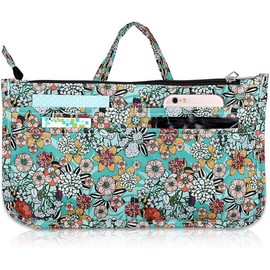 Printing Handbag Organizers Inside Purse Insert - High Capacity 13 Pockets Bag Tote Organizer with Handle - Color: Black Bag White Flower