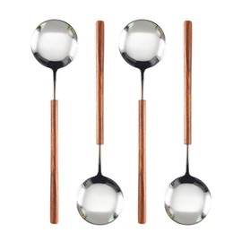Ouliget Retro Wooden Handle Spoon,Stainless Steel Serving Tablespoons,Wooden DinnerSpoon,Silver Silverware With Brown Handle,4 Pcs.