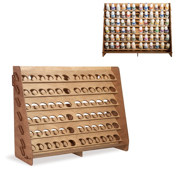 Plydolex Vallejo Paint Rack Organizer with 72 Holes for Miniature Paint Set - Wall-mounted Wooden Craft Paint Storage Rack - Craft Paint Holder Rack 16x5.2x12.6 inch, Brown
