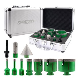 KURSTOL Tile Hole Saw Kit - 7pcs Diamond Core Drill Bits 6/8/10/20/35/50/65mm+4/5" Milling Finger Bit+2" Beveling Chamfer Bit+SDS Shank to 5/8"-11 Thread for Porcelain Ceramic Marble Granite
