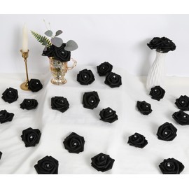 IPOPU 100pcs Black Rose Artificial Flower Heads Bulk with Crystal 3in Real Looking Foam Fake Roses Faux Flowers for DIY Craft Wedding Bouquets Arrangements Party Table Home Decorations(Black)