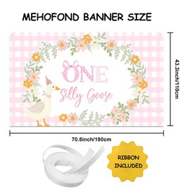 MEHOFOND One Silly Goose Backdrop Swee Little Goose Banner for Girl Birthday Party Decoration Wreath Pink Plaid Bow Tie Banner Cute Cartoon Birthday Party Supplies 6x3.6ft