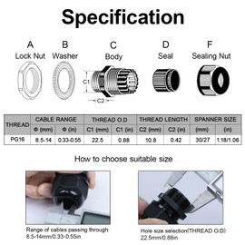 LeMotech 20 Pack PG16 Cable Glands Waterproof Adjustable Cable Range 8.5-14mm Cord Connectors Nylon Joints with Gaskets, Black
