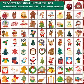 CHARLENT Christmas Temporary Tattoos for Kids - 74 Individually Sheets Santa Claus & Snowman Tattoos for Kids' Xmas Party Favors, Stocking Stuffer, Christmas Eve Gift