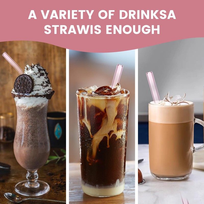 Aokdlia® Pink Glass Straws,Reusable Straws - 8 Pack of Reusable