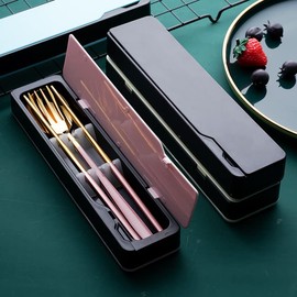 Portable Stainless Steel Flatware Set, Travel Camping Cutlery Set, Portable Utensil Travel Silverware Dinnerware Set with Cover- Spoon, Fork, Chopstick- (Pink)