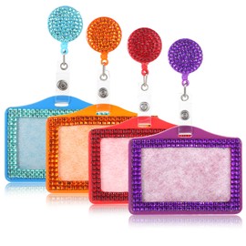 4 Pcs Bling ID Badge Holder, Rhinestones Horizontal Neck Lanyard Name Tag Holder with Retractable Reel Clip, Cute Horizontal Card Badge Case for Nurse Teacher Women Office Business Home (4 Colors)