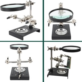 5 x Magnifying Glass with Soldering Holder, Soldering Aid Third Hand with Robust Metal Base and Storage Compartment, 2 Adjustable Metal Arms Soldering Station Helping Hands for Repair Electronic,