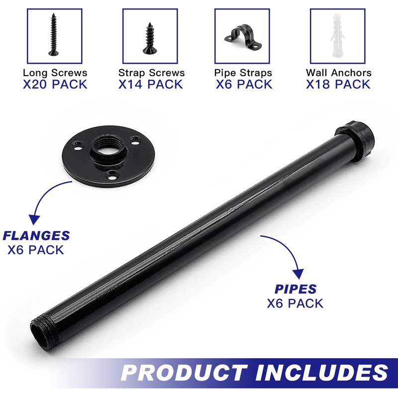 6 Pack Pipe Shelf Brackets 8 Inch, Industrial Iron Pipe