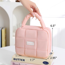 Pinkmik Quilted Makeup Bag Puffer Cosmetic bag Cute Toiletry Bag Travel Essential Makeup Organizer for Girl and Women (A/Pink)