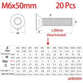 M6-1.0 x 50mm Flat Head Socket Cap Screws Bolts, Stainless Steel 18-8 (304), Bright Finish, Allen Socket Drive,Machine Screws Inner Hex Screw Fasteners Bolts 20 Pcs