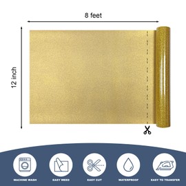 Gold Glitter Heat Transfer Vinyl 12" x 8 ft HTV for Shirts, Glitter HTV for All Cutter Machine - Easy to Cut & Weed for Heat Vinyl Design (Gold)