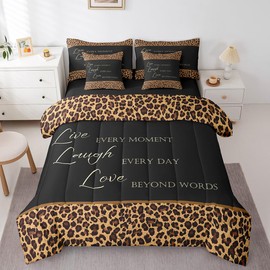 Castle Fairy Leopard Print Reversible Comforter Set 7 Piece King Size,African Wild Animal Fur Pattern Bed Sheet Set Cheetah Skin Brown Black Bedding Set with Comforter,Fitted & Flat Sheet