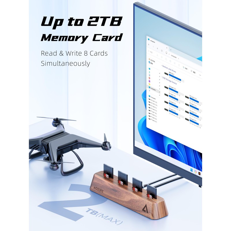 AODUKE 8-Port USB 3.0 SD Card Reader, Walnut Wood Design