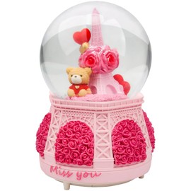 Snow Globe, 100mm Pink Resin Bear Sit Back The Flower Tower Music Box Automatic Falling Snow Water Ball for Home Decor Gifts
