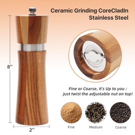 2 Pack Wood Salt and Pepper Grinder Set - Stylish Acacia Wood Mills with Ceramic Stainless Steel Core - Elevate Your Culinary Experience - 8 Inch Precision Grinders!