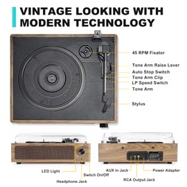Vinyl Record Player with Speaker Vintage Turntable for Vinyl Records Belt-Driven Turntable Support 3-Speed Wireless Playback Headphone AUX RCA Line LP Vinyl Players for Sound Enjoyment Retro Wood Cyan