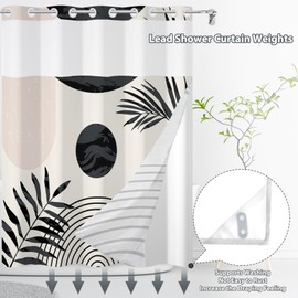Yanutan No Hook Shower Curtain,Black Boho Leaves Double-Layered Shower Curtain with Snap-in Liner and Weights,Bohemian Mid Century Modern Fabric Bath Curtain with See Through Mesh, 71x74in
