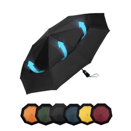 Chakipee Compact Travel Umbrella Windproof Strong- Automatic Folding Umbrellas for Wind and Rain, Double Vented Canopy 210T Teflon Coating 102cm Span - 9 Ribs Black Portable Umbrella for Men and Women
