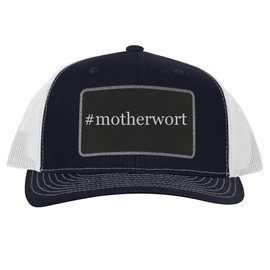 #Motherwort - Leather Hashtag Black Patch Engraved Trucker Hat, Navy-White, One Size