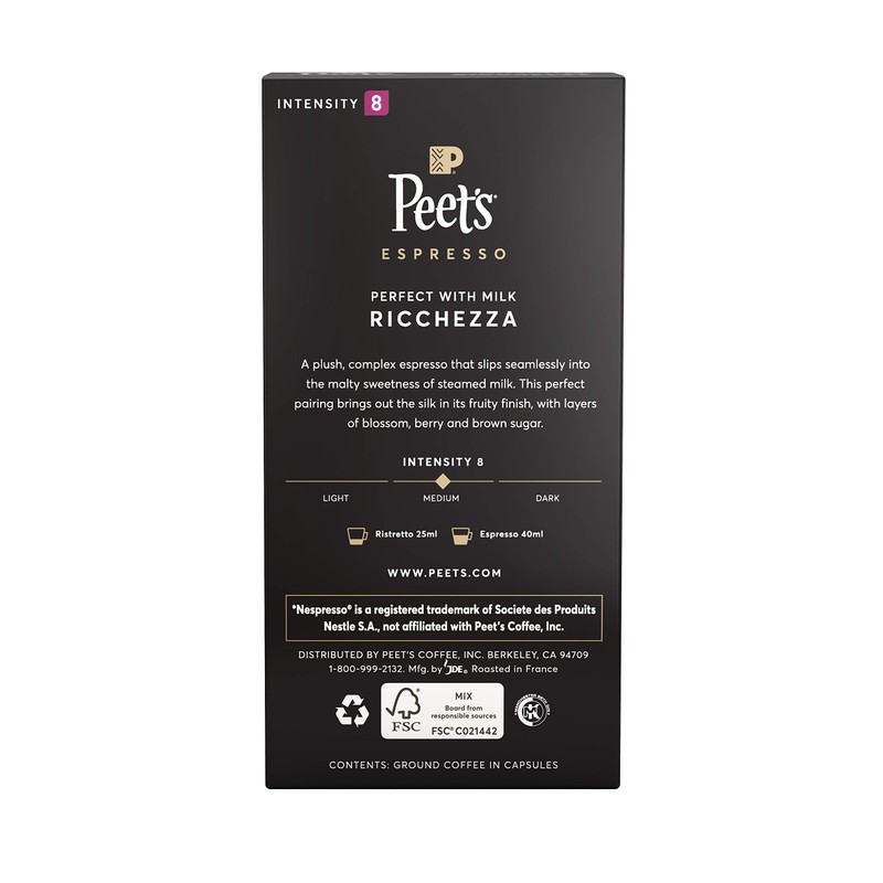 Peet's Coffee Espresso Capsules Ricchezza, Intensity 8, 10 Count Single