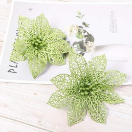 LIOOBO 12Pcs Christmas Artificial Flower Poinsettias Glitter Christmas Flowers for Wreath Making Christmas Tree Decorations DIY Crafts (Light Green)