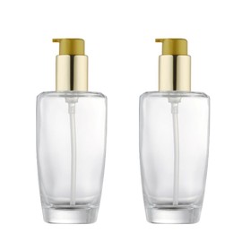 2Pcs 100ml/3.4 oz Leere klare Glas Lotion Pumpe Flasche Spender mit Goldpumpe Top ätherisches Öl Reise Container Gläser Fläschchen Haar Conditioner Lagerung für Make-up Emulsion Toner