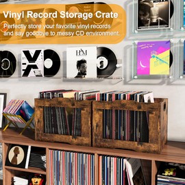 PAG-Mass Pack of 2 Vinyl Record Storage Crate, Stackable LP Display Shelf, Heavy Duty Wood Organizer Box for Collectors/Store/Home/Office/School/Artistic Space/Garage/Warehouse, Brown
