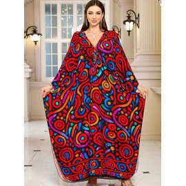 Yanziliu Women Kaftan Dresses Plus Size V-Neck Batwing Sleeves Beach Cover Up 2025 Summer Floral Print Caftan Dress, Black African Style, One Size