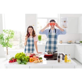 Beabes Blue White Checkered Plaid Chef Apron 27 X 31 Inch Retro Gingham Tartan Lattice Square Pattern Non-Pilling Bib Apron for BBQ Grilling Gardening with Adjustable Neck Strap