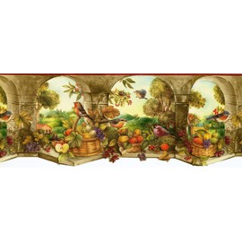 CONCORD WALLCOVERINGS ™ Wallpaper Border Country Pattern Fruit Baskets Columns Birds Leaves, Die Cut Edge for Cottage Farmhouse Kitchen, Brown Green Red, 15 ft by 8.75 in KS76858DLL