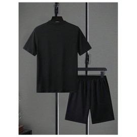 WDIRARA Men's 2 Piece Short Sets Graphic Print Short Sleeve T Shirts and Drawstring Shorts Clothing Set Black 3X-Large