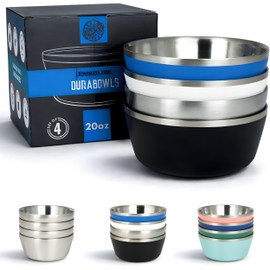 Stainless Steel Insulated Bowls - Set of 4-20 Oz Double Wall Metal Bowls for Ice Cream, Soup, Cereal, Snack, Rice Dish, Camping (Assorted 1 (Black, White, Blue, Natural))