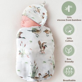 LifeTree Muslin Swaddle Blankets, Muslin Baby Boy Swaddle Blanket and Hat Set with Birth Announcement Card, Newborn Unisex Receiving Blankets Mallard Duck