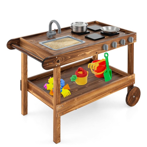 KOTEK Mud Kitchen with Wheels, Toddler Wooden Rolling Mud Table