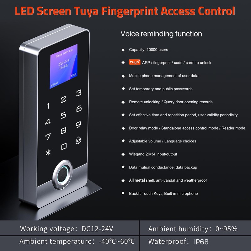 Wireless WiFi TUYA Access Control System with LED Screen/Voice, Fingerprint