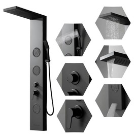 BWE 5 IN1 Stainless Steel Shower Panel Black Tower System with Rainfall Waterfall Shower Head, Multi Function Shower System with Body Jets and Bath Tub Spout